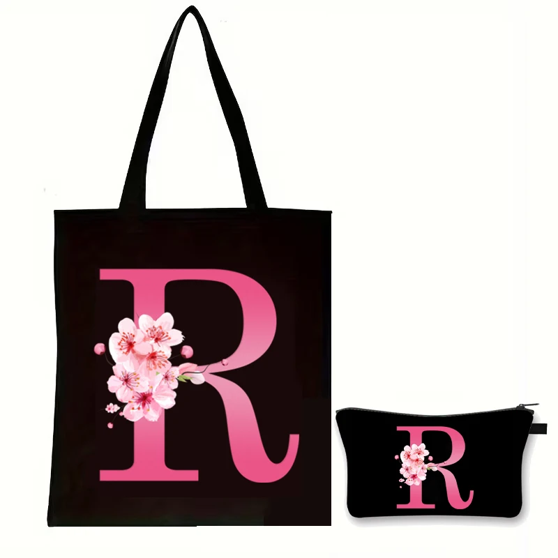 Cherry Blossom Alphabet Tote Bags Reusable Eco Friendly Shopping Bag for Women Commuter Purse Makeup Bag Use Handbags Set Gifts