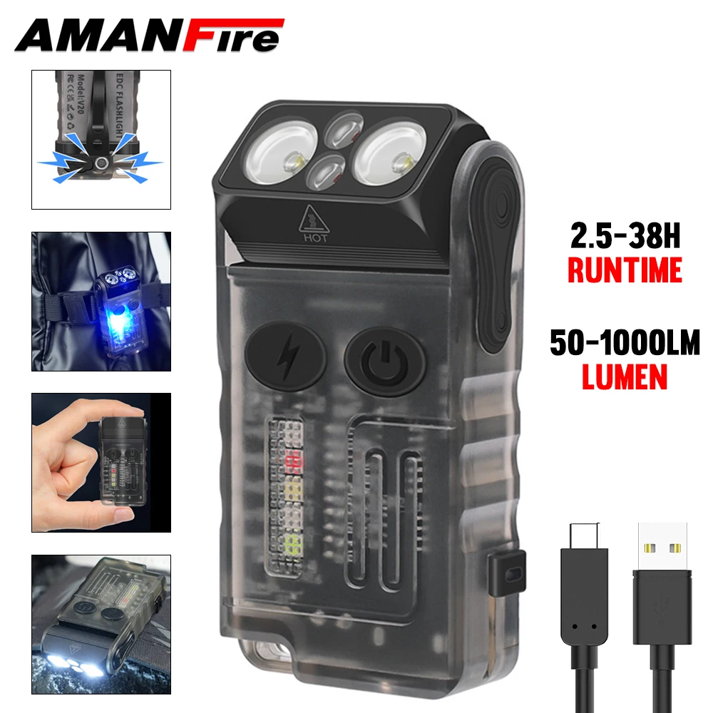 Amanfire V20 EDC Keychain Light High Power Mini Torch Portable UV Beep Flash Lamp