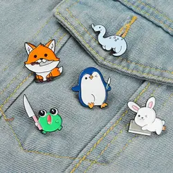 Animal Enamel Pin Custom Lovely Fox Penguin Tyrannosaurus Rex Killing Brooch Bag Lapel Pin Cartoon Badge Jewelry Gift