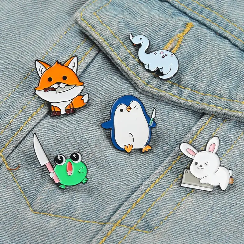 Animal Dagger Enamel Pin Custom Lovely Fox Penguin Tyrannosaurus Rex Killing Brooch Bag Lapel Pin Cartoon Badge Jewelry Gift