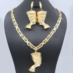 African Jewelry Sets Women Dubai Gold Plated Drop Earrings Pharaoh Pendant With Necklace For Party Engagement Bijoux