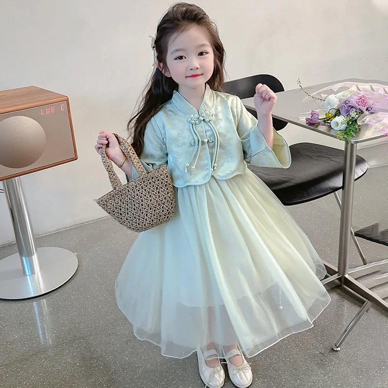 New Girls' National Style Dress2024Spring And Autumn Girl'S Long Princess Dress Little Fairy Baby Ancient Costume Cheongsam