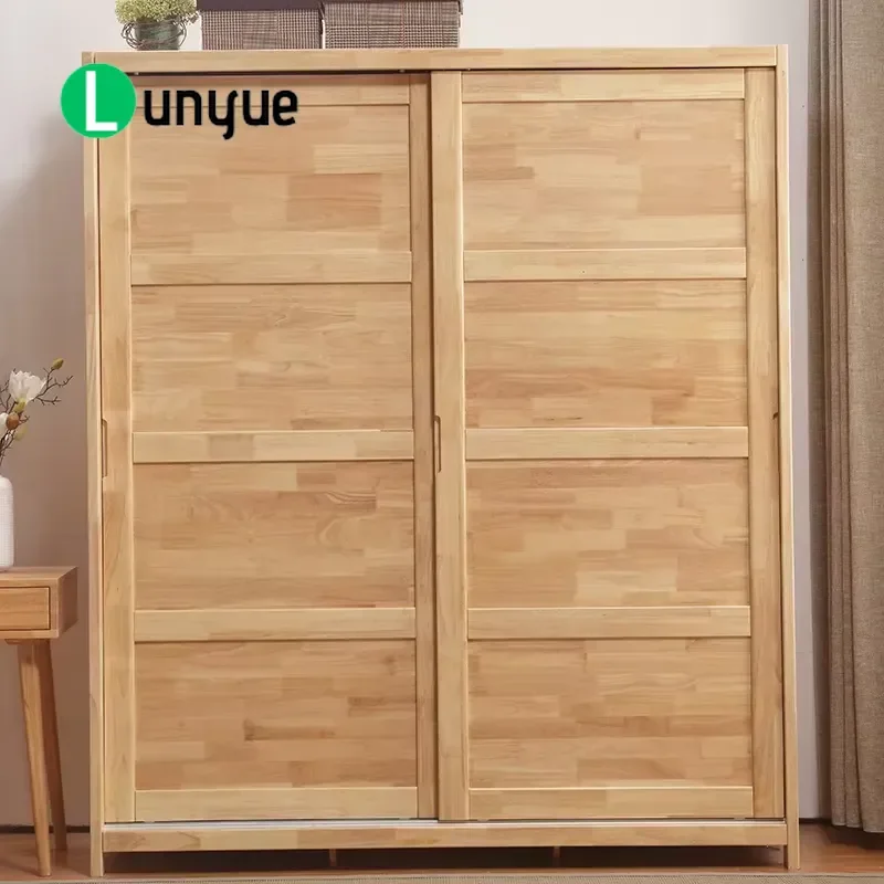 Solid Wood Wardrobe Sliding Door Modern Oak Log Closet Simple Design Home Bedroom Furniture Storage Cabinet
