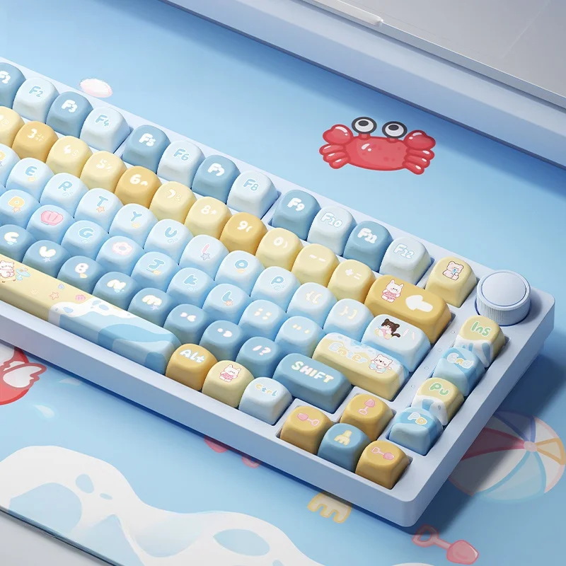 2024 New Summer Beach Theme Key Cap 127key Oq Profile Pbt Thermal Sublimation Mechanical Keyboard Blue Anime Cartoon Cat Key Cap