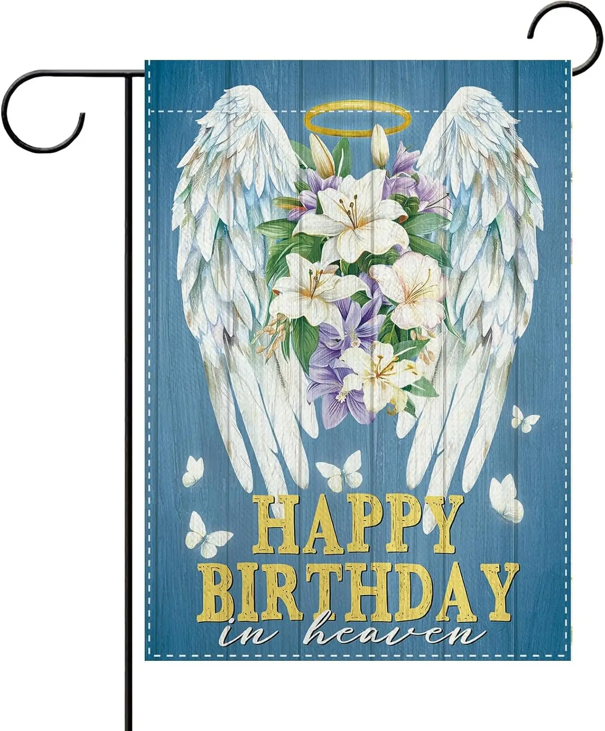 Memorial Happy Birthday in Heaven Wings Garden Flag, Spring Summer Lily Flower Funeral Yard Outside Decoration Sympathy Gift GGO