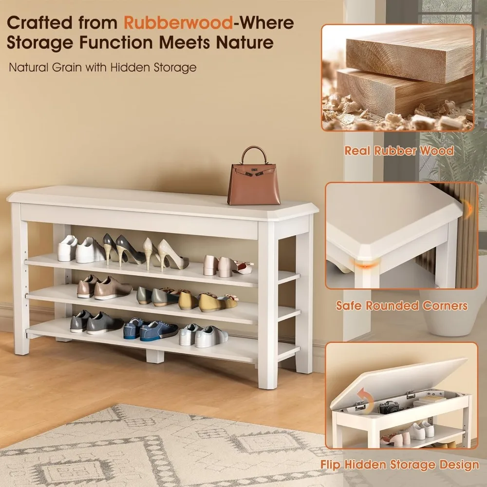 مقعد رف أحذية خشبي حديث من 3 طبقات من منتصف القرن مع بناء من الخشب المطاطي، يدعم ما يصل إلى 550 رطل، مثالي للمدخل المدمج