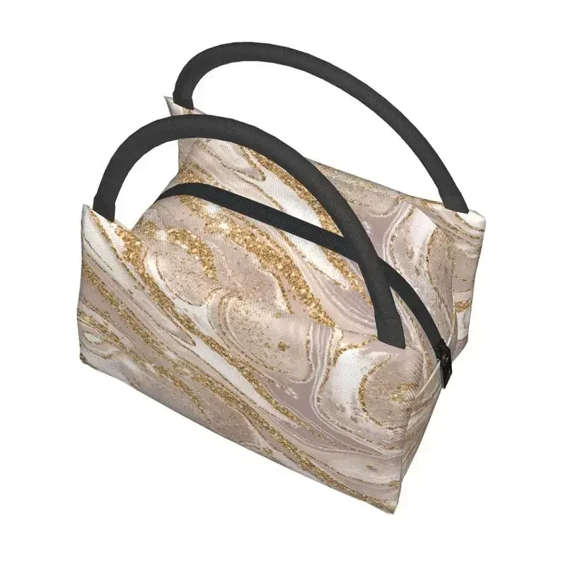 Borsa per il pranzo isolata termicamente con motivo in marmo color oro e crema Borsa per il pranzo portatile con stampa geometrica da donna