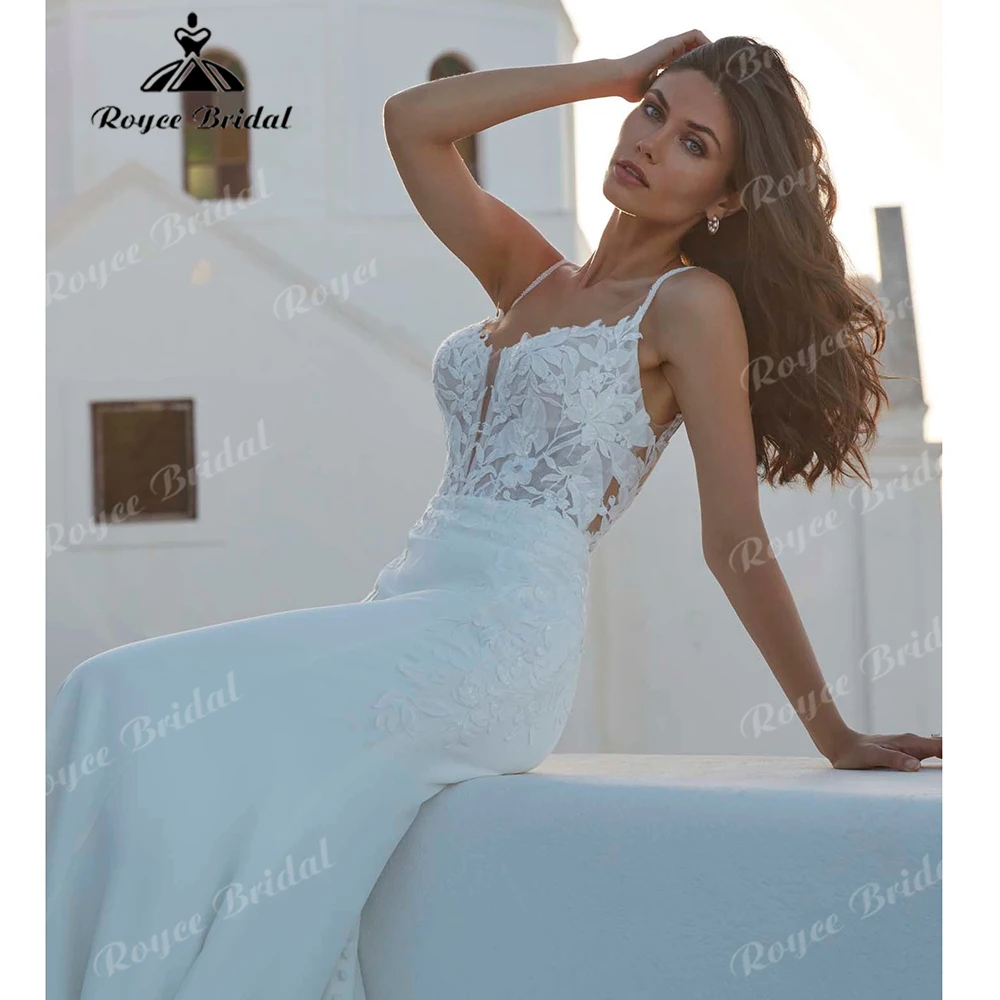 2027 Spaghetti Strap Lace Mermaid Wedding Dress with Plunge Neckline Sheer Bodice Lace Court Train Bridal Gown Customized