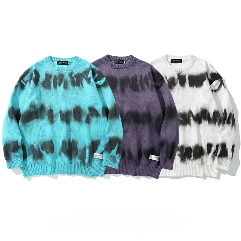 European American Hip-hop Retro Tie-dye Spray-painted Pullovers Sweaters Men's Trendy Street Lazy Style Casual Couples Knitwear