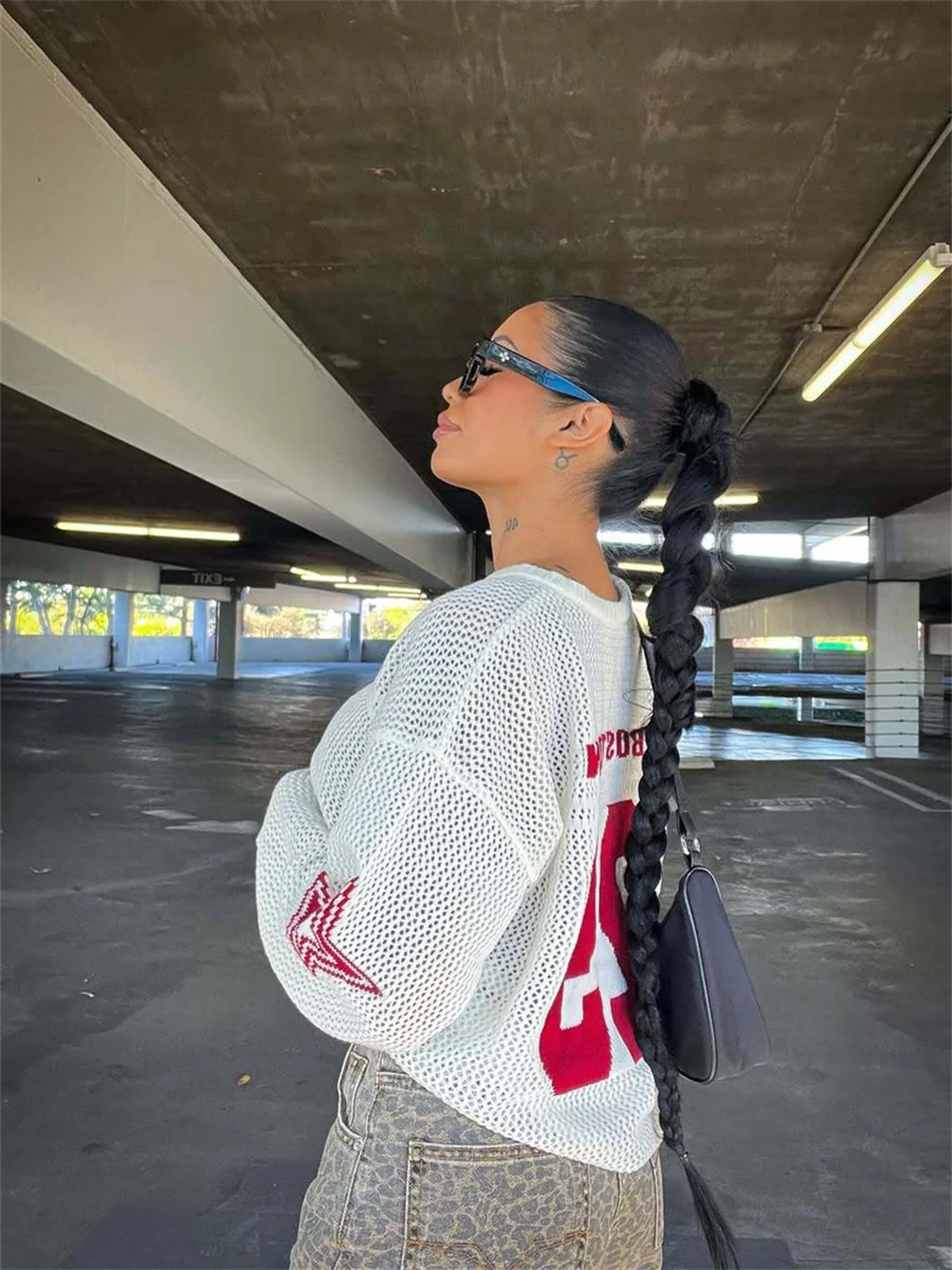 Nibber suéter de impressão digital feminino de retalhos de Natal com decote em V manga completa casual ver através do streetwear pulôver diário básico