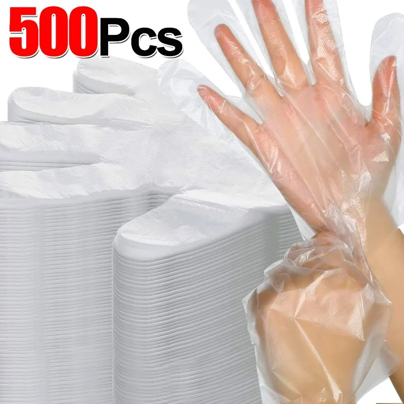 100/500PCS Transparent Disposable Gloves Food Grade Waterproof Gloves for Kitchen Restaurant Fried Chicken BBQ Cooking Tableware