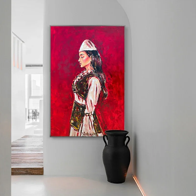 2pcs Albania Woman Oil Painting on Cavnas 40x60cm Modern Abstract Figure Portrait Poster Turban Tribal Woman Wall Art Picture