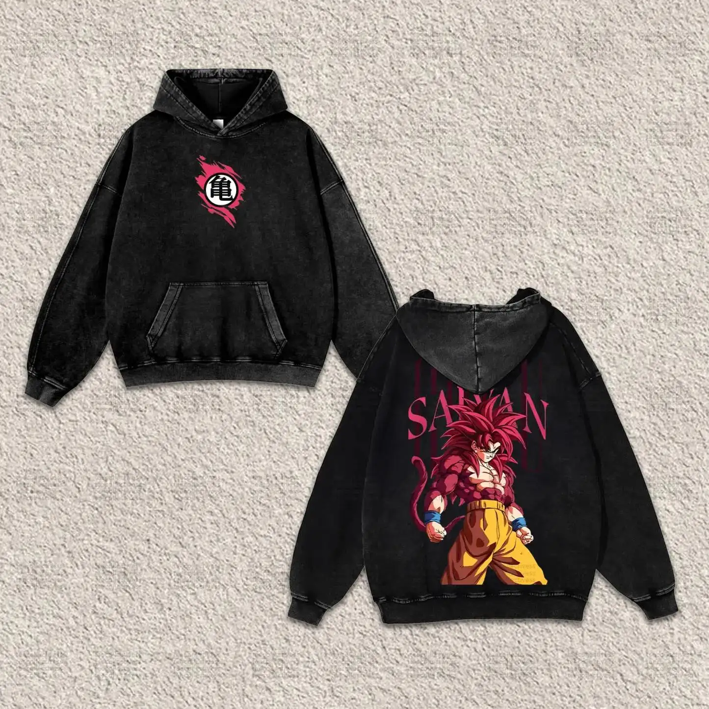 Sudadera con capucha de Dragon Ball de algodón lavada vintage con emblema frontal de Dios Goku Super Saiyan y ilustración de personaje de espalda completa Pelo rojo