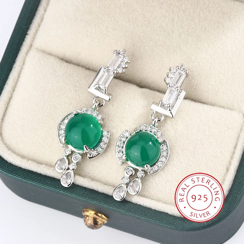 Pendientes con incrustaciones de vidrio Chalcone para mujer, joyería de plata 925, regalo nupcial, Cara de huevo verde brillante, nuevo