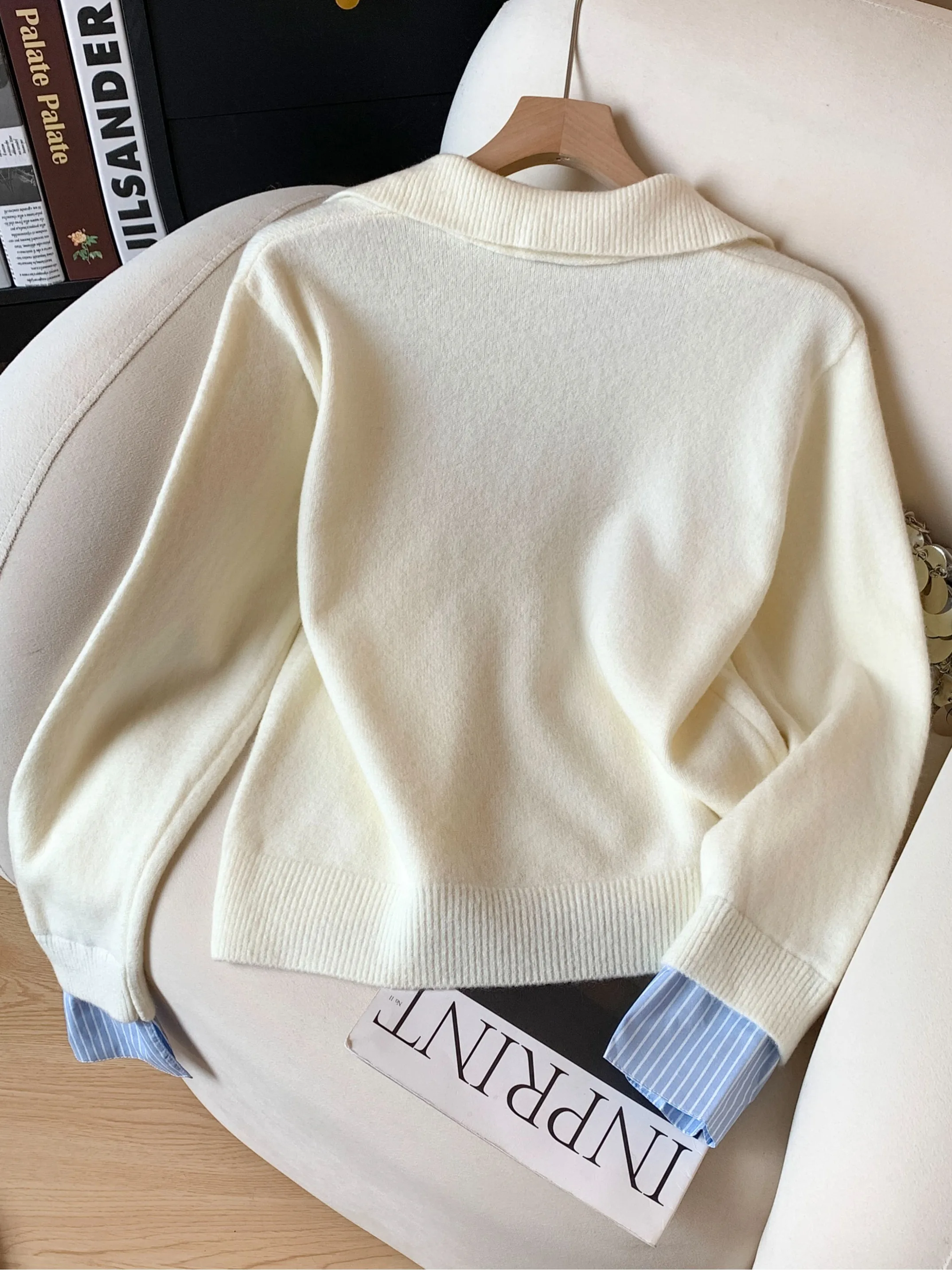 Recomendação de nível Chao! Color Blo Knitwear Suéter solto Faion feminino V-Ne Long Sve Soft Camere Look de duas peças