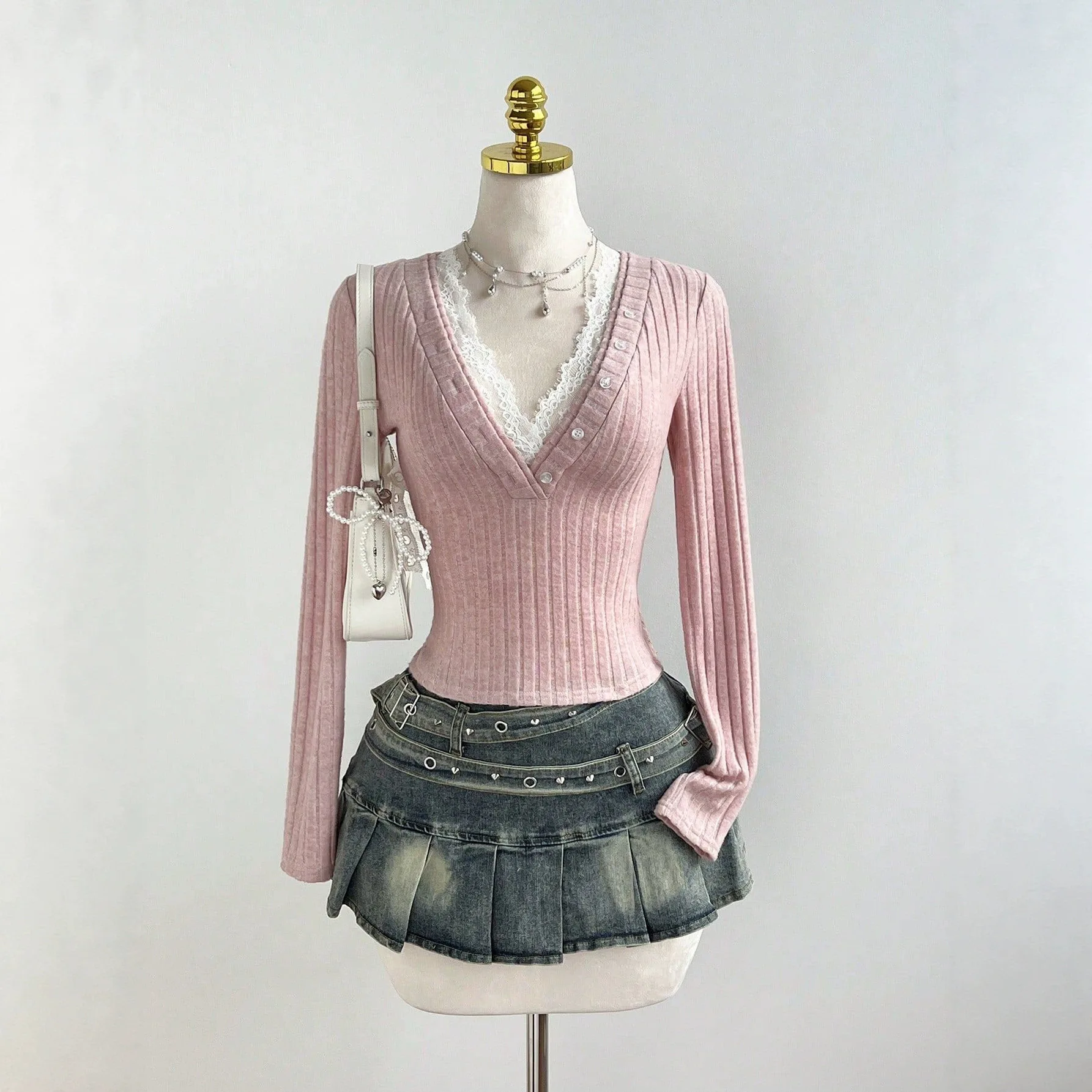 Slim Fit Long Sleeve T-Shirt Women's V-Neck Lace Patchwork Bell Bottoms Casual Wear Commute Style Korean Fashion Pure Color
