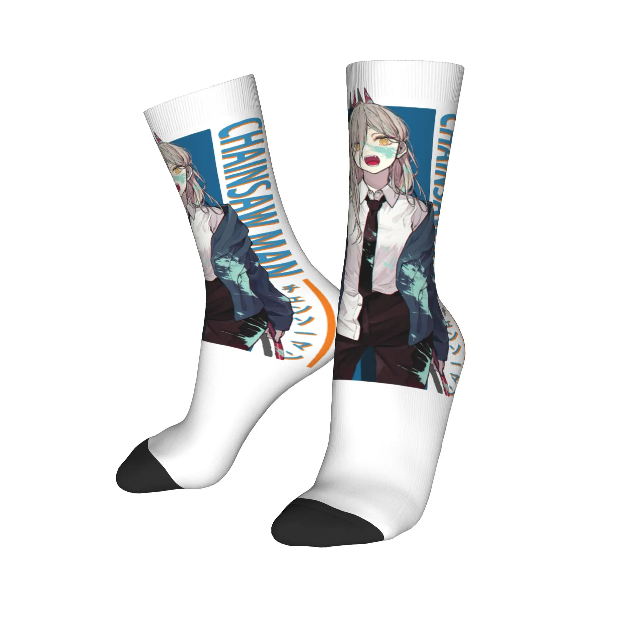 Casual Power Chainsaw Man Football Socks Anime Polyester Middle Tube Socks for Women Men Sweat Absorbing