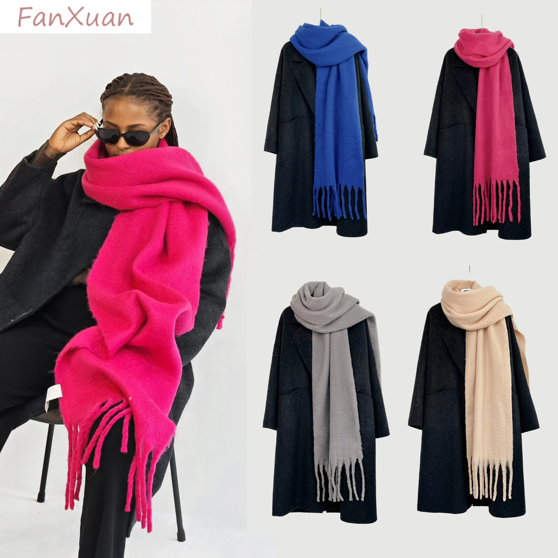 

16 Colors Women's Scarf Mohair Winter Pashmina Scarves Soft Thickened Warm Long Scarf Fluffy Large Shawl Classic Tassels