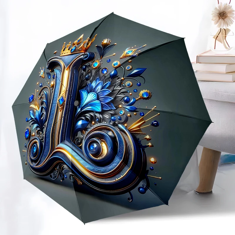Blue K-T Letters Theme Folding Umbrella - Fashionable Auto-Open Design 8 Iron Ribs Plastic Handle Foldable Sunshade，Perfect Gift