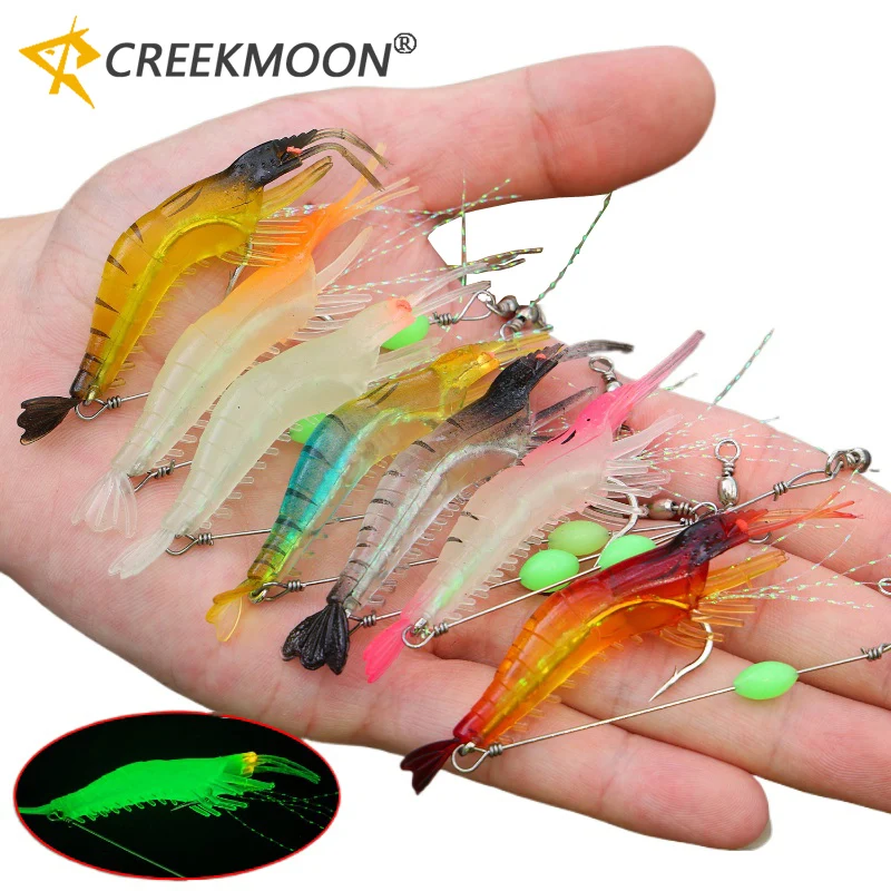 7pcs Kunstmatige Garnalen Lichtgevende Vissen Lokken met Glow Hook Zachte Garnalen Aas Wartels Wobblers voor Trolling Nachtvissen 9cm/6g