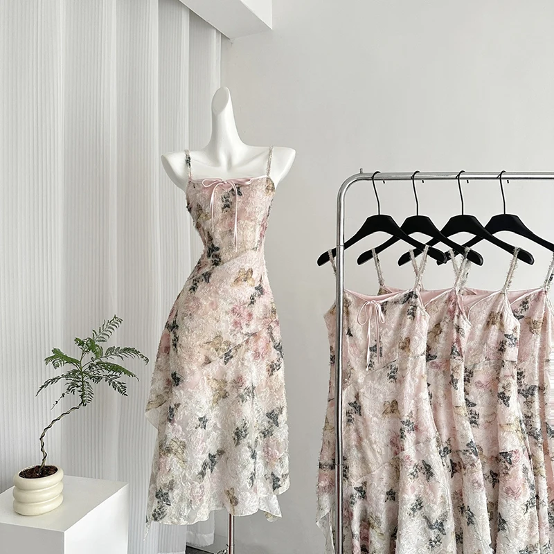 

Sexy Pink Spaghetti Straps Dress Women Korean Y2K Irregular Patchwork Camisole Dress Female Summer Butterfly Print Chic Vestidos