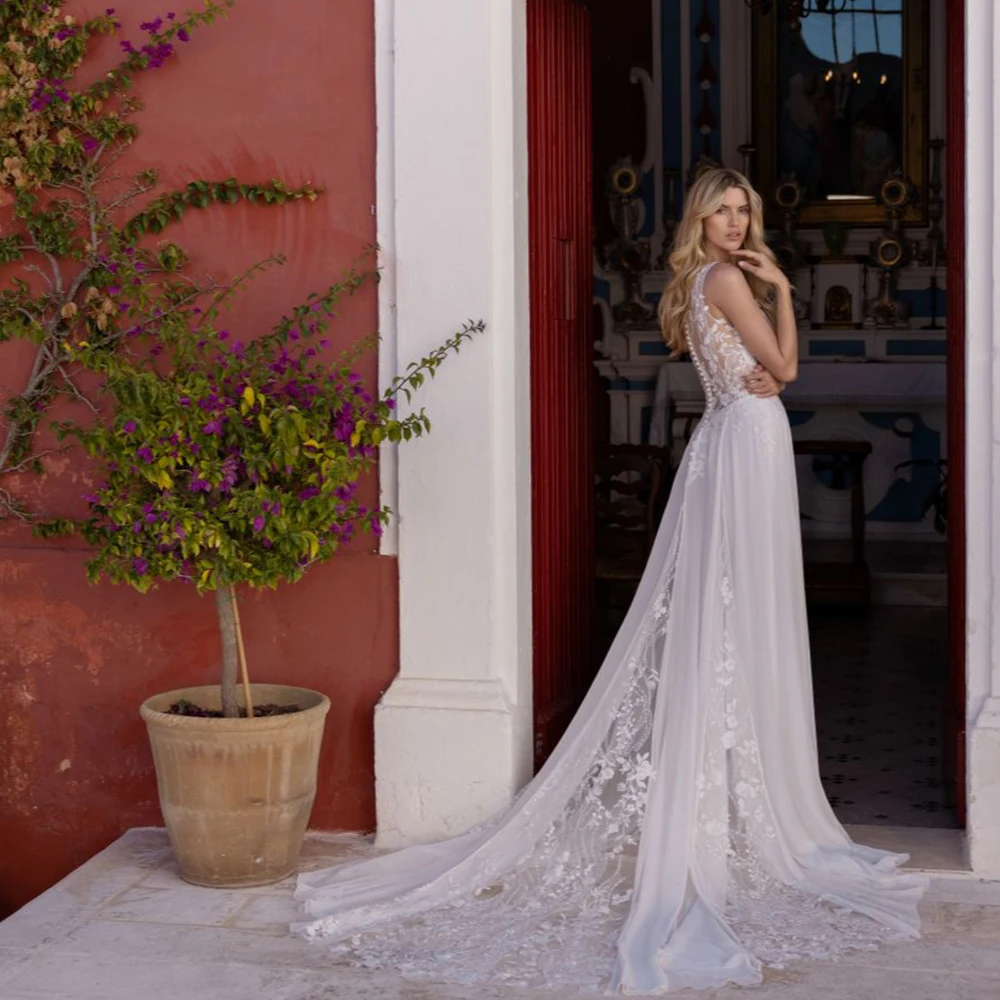 Vestidos De Novia blancos clásicos, cuello en V, sin mangas, apliques De ilusión, cola De barrido, línea A, gasa