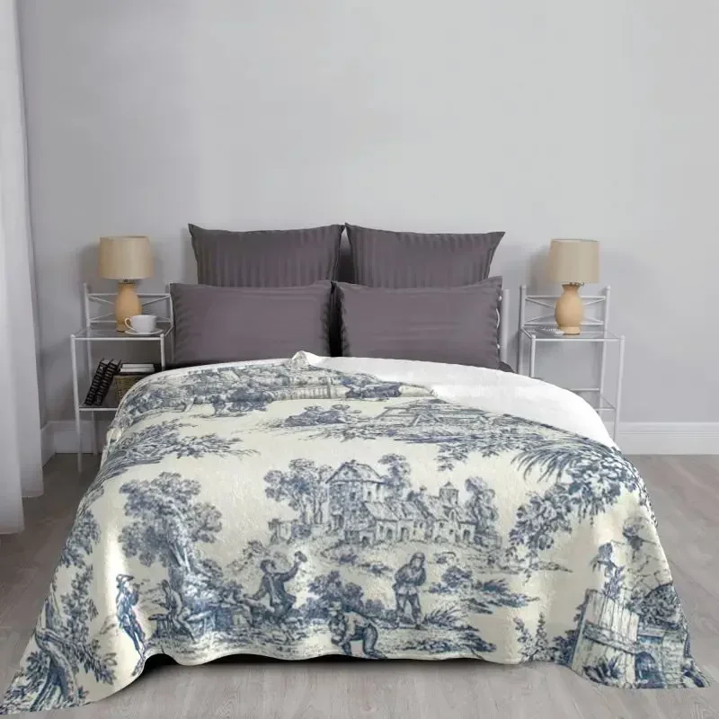 Toile De Jouy Number 2 Ultra-Soft Fleece Throw Blanket Flannel French Navy Blue Motif Blankets for Bed Home Couch Bedspreads