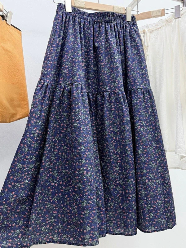 

Retro Floral Cotton Linen A-Line Long Skirt plus Size Women Casual High Waist Umbrella Skirt Slimming Half-length Skirt