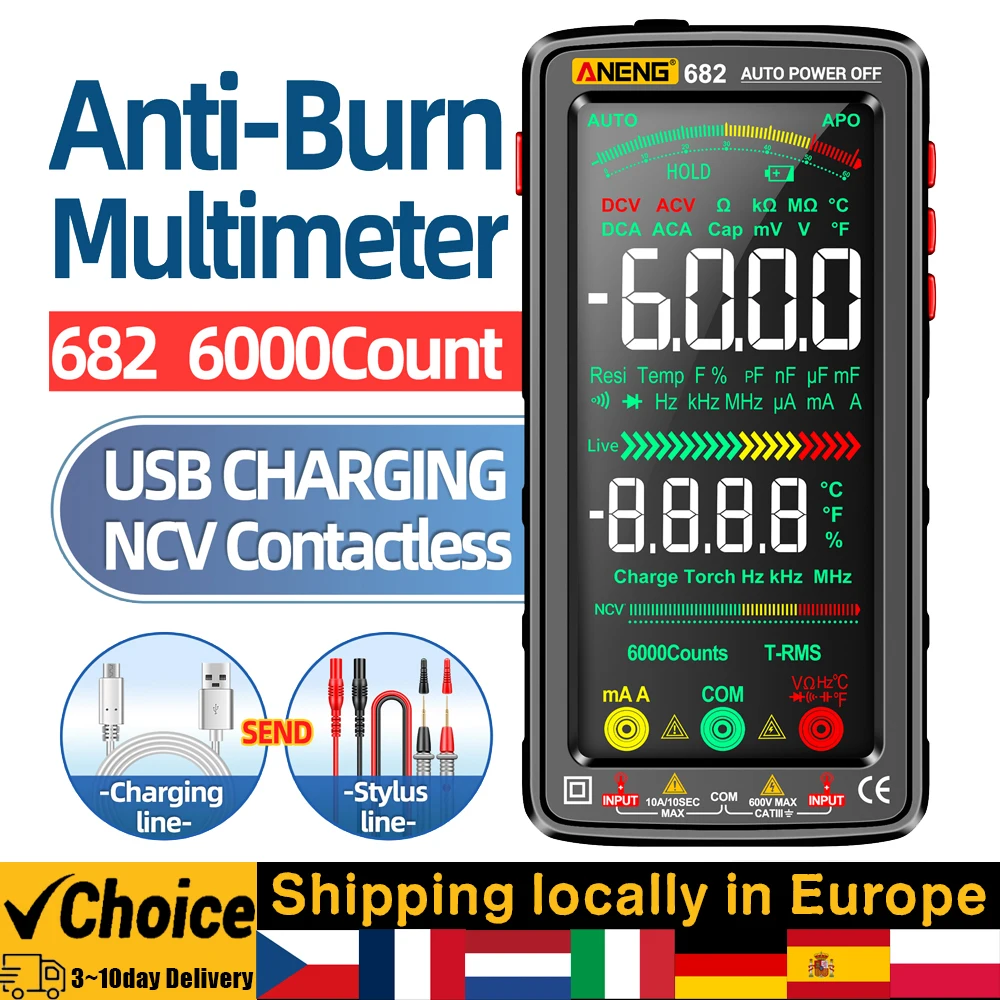 ANENG 681 682 683 6000 Counts Digital Multimeter Smart Anti-burn Rechargeable Meter NCV Tester 5-inch LCD Backlit Flashlight