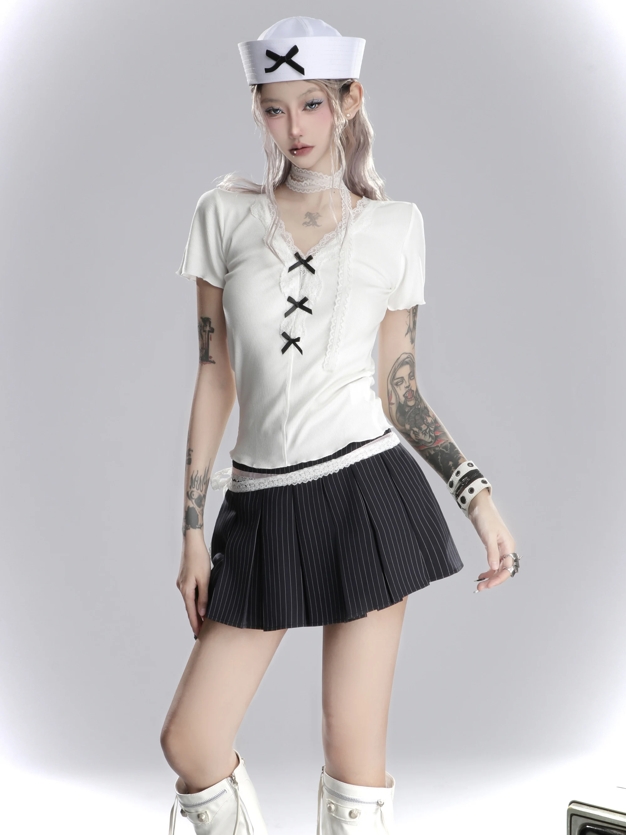 Top feminino de manga curta com decote em v, laço, desejo puro, ajuste fino, branco, elegante, sexy, novo estilo, alta qualidade, venda quente, Y2K