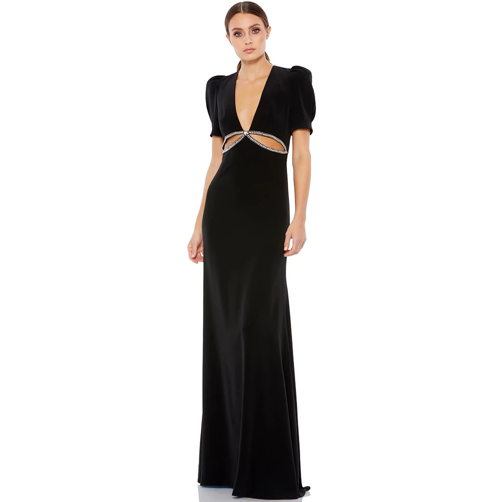 

Sexy Deep V-Neck Black Evening Dress Puff Short Sleeves A-Line Floor Length Jersey Women Banquet Party Custom Made Gowns