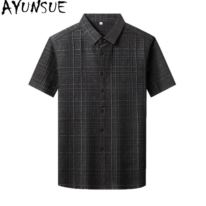 

AYUNSUE 100% Natural Mulberry Silk Shirt for Man Clothes 2026 Summer Fashion Short Sleeve Tops Gauze Silk Loose Shirt Plaid New