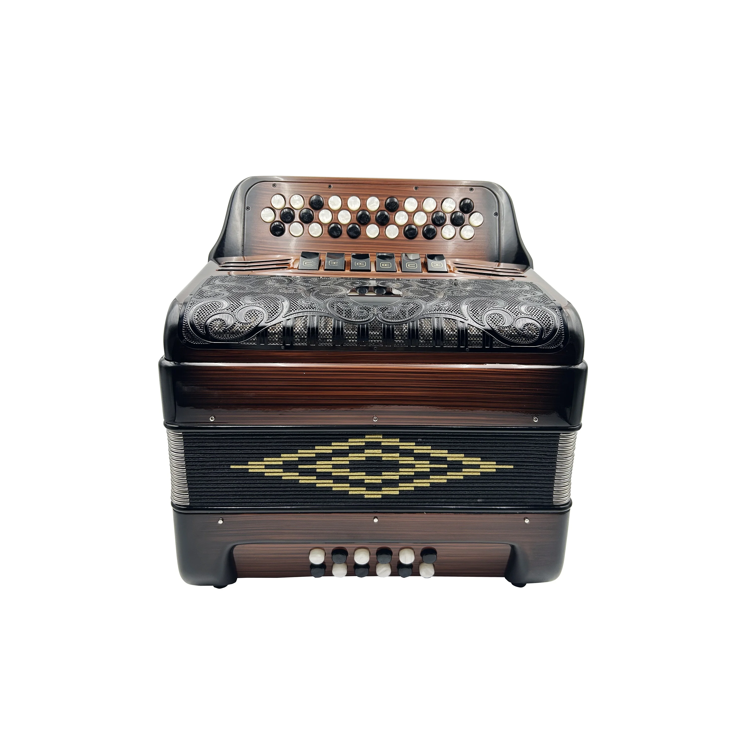 Professional 34 Button 12 Bass 6 Registers Diatonic Accordion Flame Black Grill Black White Buttons JB3412E