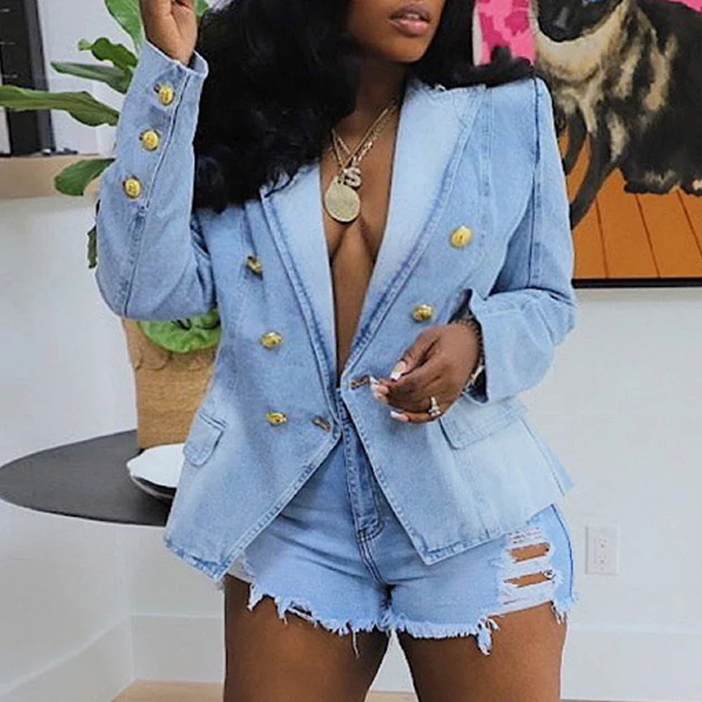 

Women's Denim Suit Jacket Double Breasted Notched Collar with Shoulder Pads Elegant Highlighting Waistline Thin Coat Blue SC060