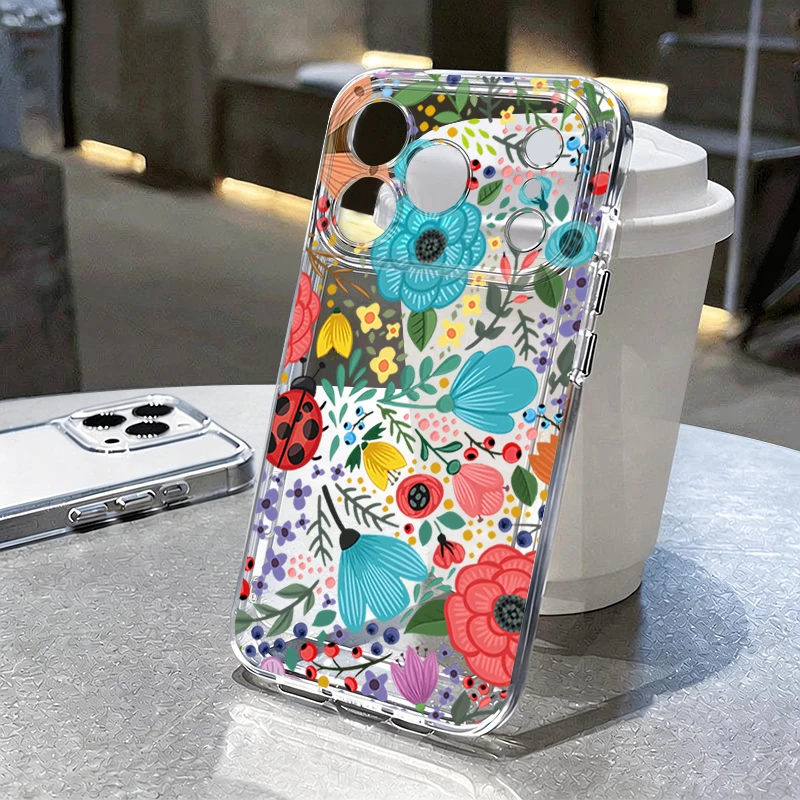 Buntes Blumenmuster Transparente Handyhülle für iPhone 17e 17 16 15 14 13 Pro Max 17 Pro Stoßfeste Durchsichtige Weiche Silikonhülle