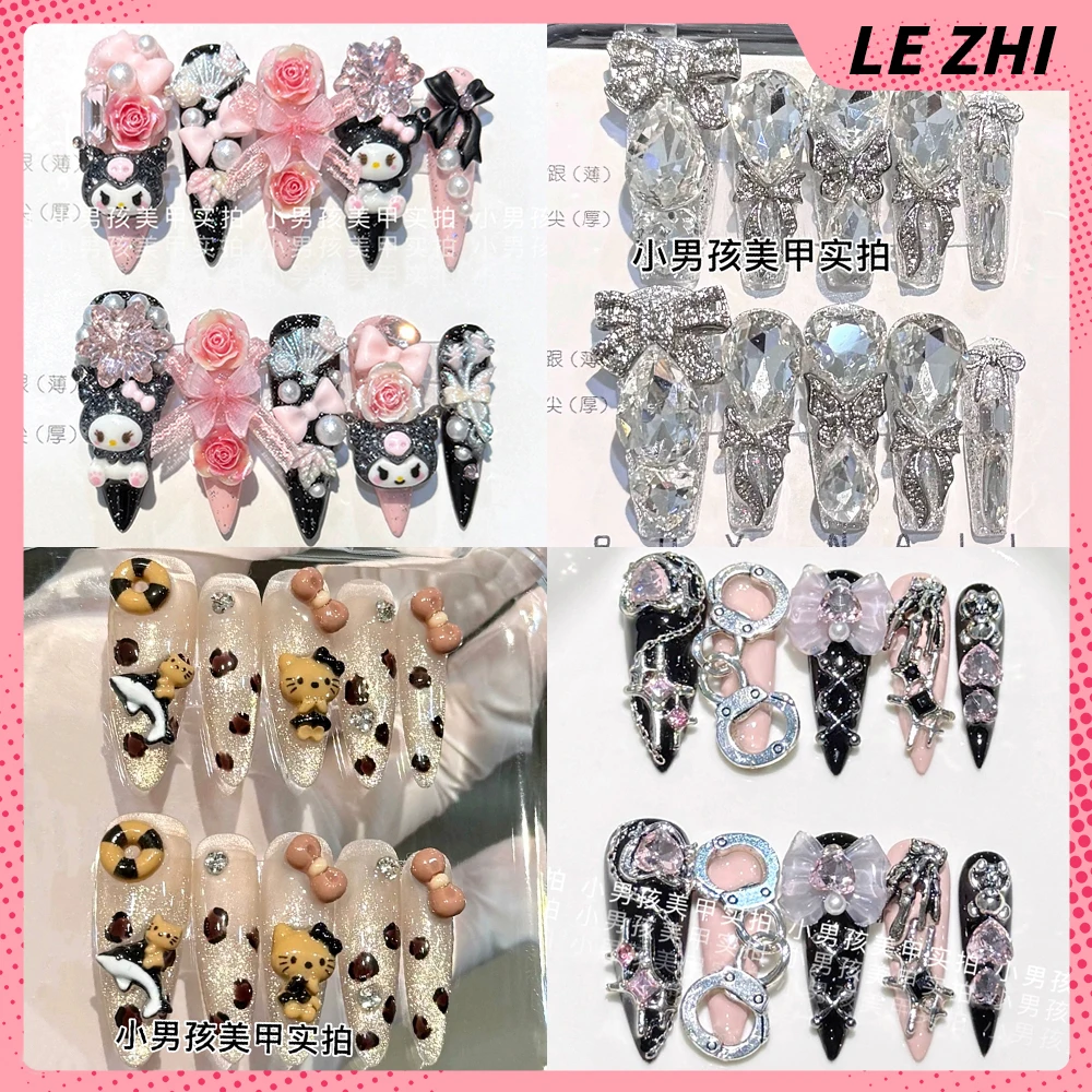 Sanrio Kuromi Hello Kitty Y2K Long Stiletto Handwork Press On Nails Spice Girl Metal Chain Diamond Glitter Detachable False Nail