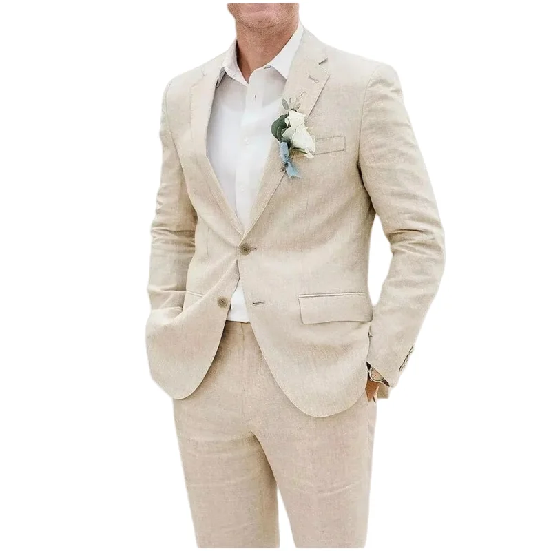 

Men's summer linen casual suit two-piece set beige notch lapel jacket+trousers wedding banquet daily outfit