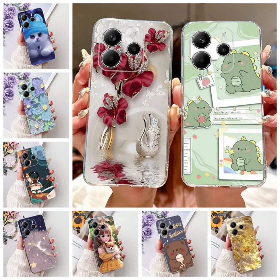 For Redmi Note 14 4G Case Clear Fashion Flowers Cute Cartoon Cat Soft Phone Case For Xiaomi Redmi Note 14 4G Back Cover Bumper