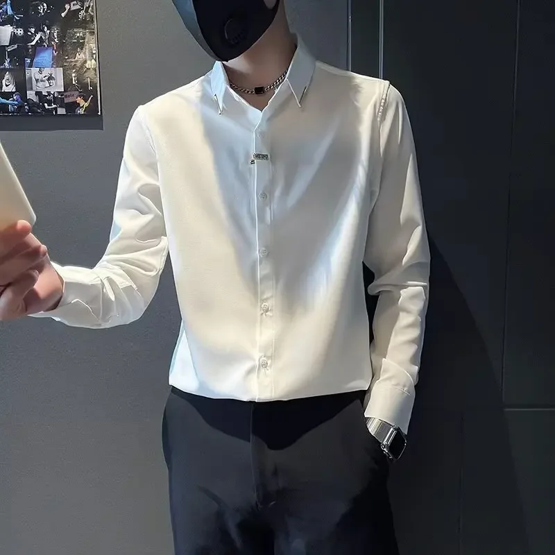 

2026 New Men's Solid Long Sleeved Formal Shirt Korean Slim Fit Business Casual Shirt Elegant Social Men Clothing