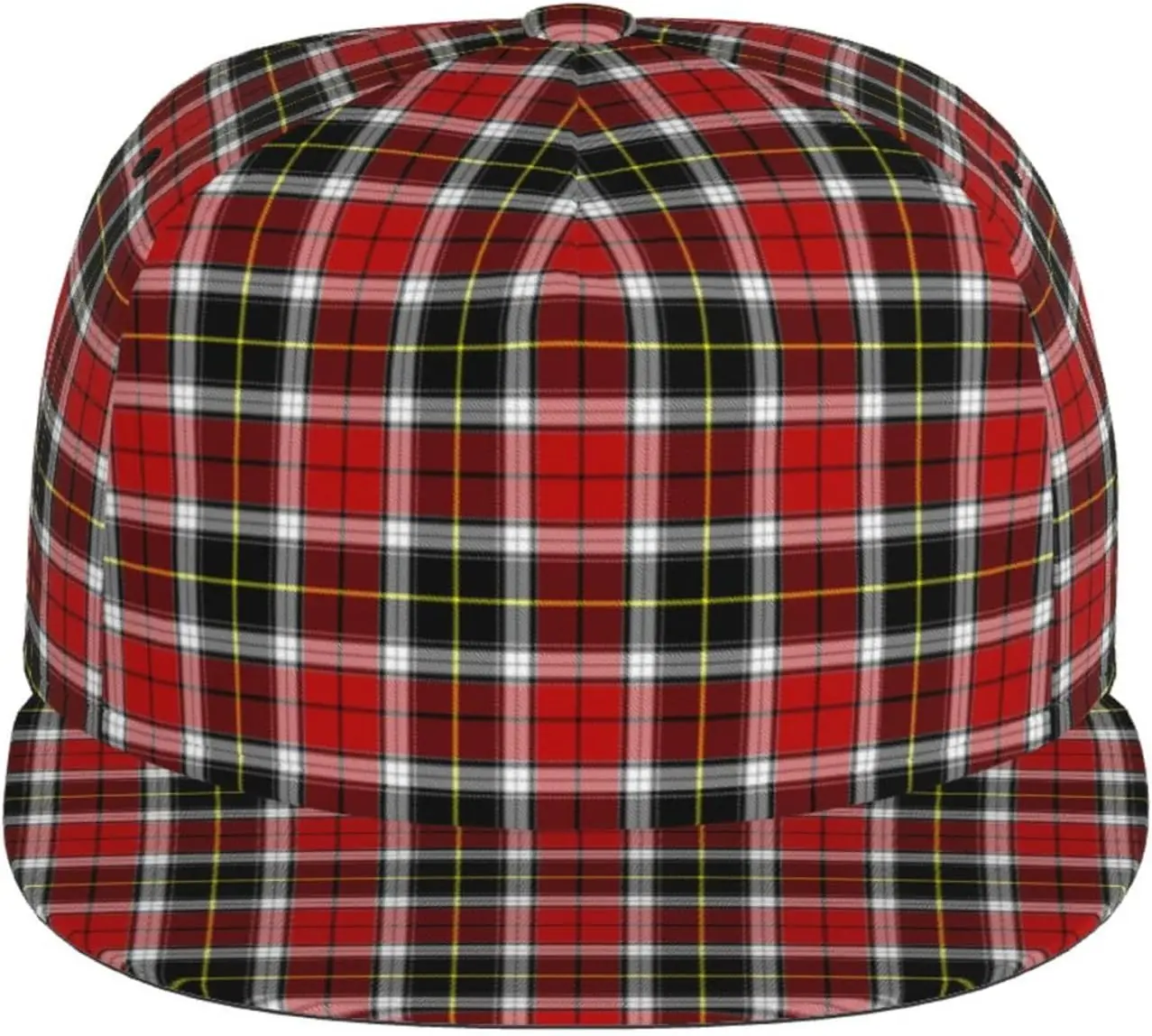 Red Black Buffalo Check Plaid Tartan Scottish Pattern Flat Bill Hat, Unisex Snapback Baseball Cap Hip Hop Style Flat Viso