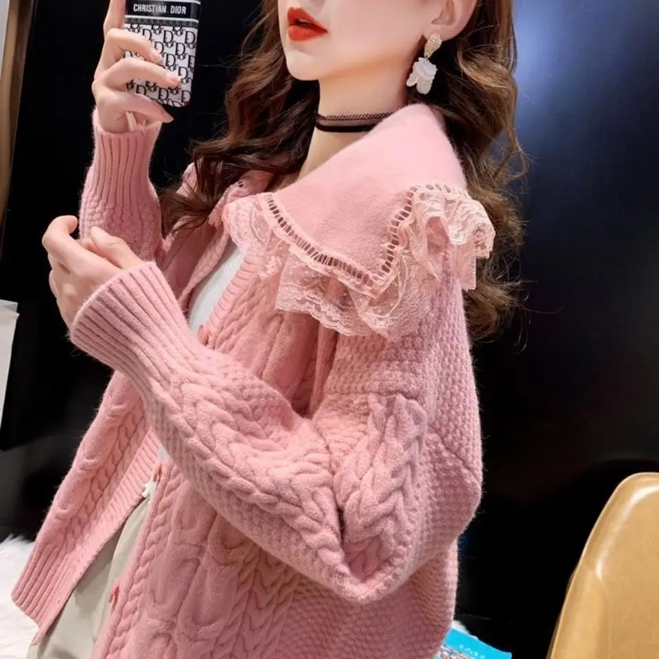 Spring Korean Version Quality Sweet Splicing Ruffled Peter Pan Collar Lace Knitted Cardigan Sweater Jacket Coat U609