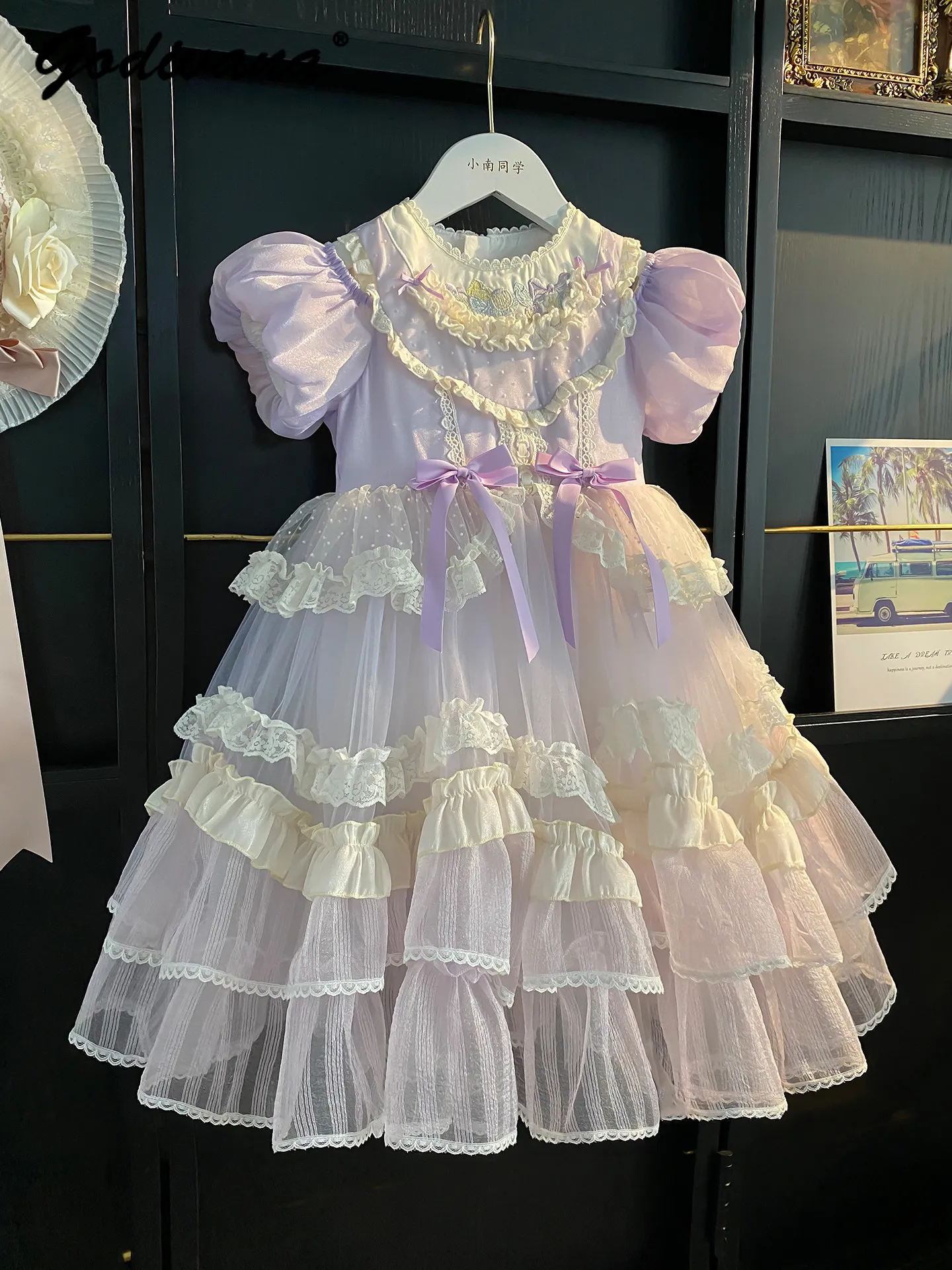 2026 Sommer Neue Mädchen Lila Lolita Prinzessinnenkleid Mädchen Puffärmel Spitzenkragen Rüschenbesatz Schleife Geburtstagsparty Tüllkleider