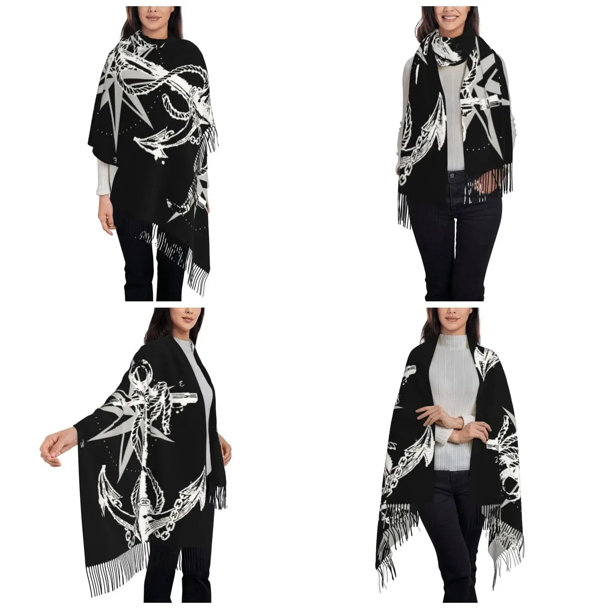 Nautical Compass Captain Anchor Boat Scarf Tassel Scarves for Women Soft Warm Shawls and Wraps Long Fall Winter Shawl Wrap