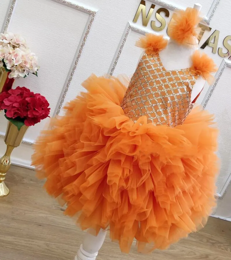 Vestido esponjoso naranja hasta la rodilla para niña, cuello redondo, sin mangas, Princesa, vestido de cumpleaños, vestido de fiesta personalizado, nuevo