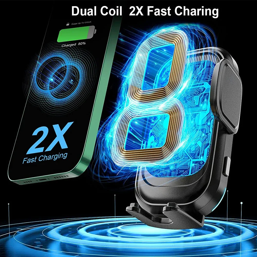 Dual Coil Wireless Car Charger 15W Qi Fast Charging Auto-Clamping Car Mount for iPhone 13 12 Mini Pro Max XS Galaxy Z Flip 3 S22