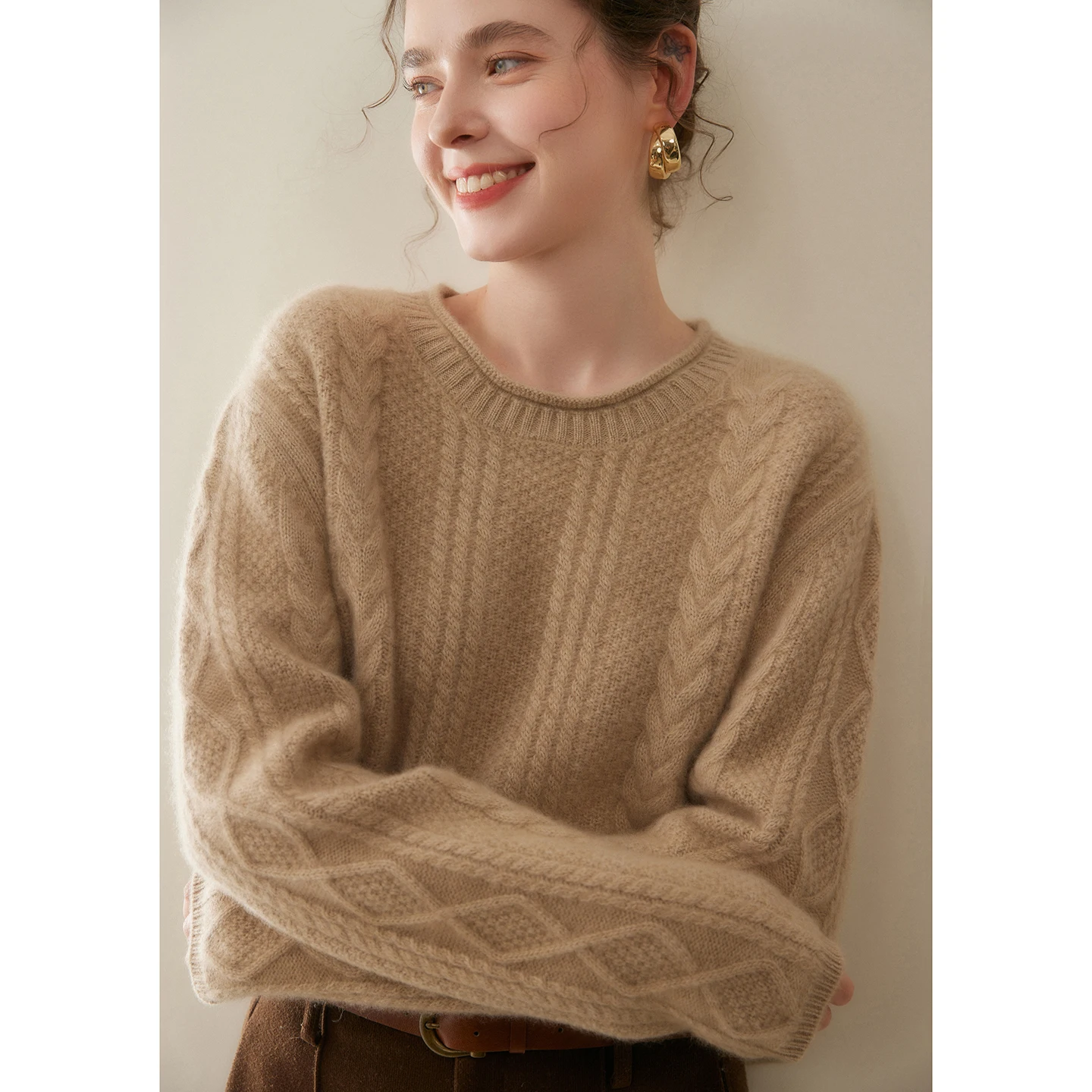 

O-neck Rolled Cuff Cable-Knit Pullover Women's 100% Cashmere Stylish High-Quality Long-Sleeve Sweater Autumn Winter Soft Knit