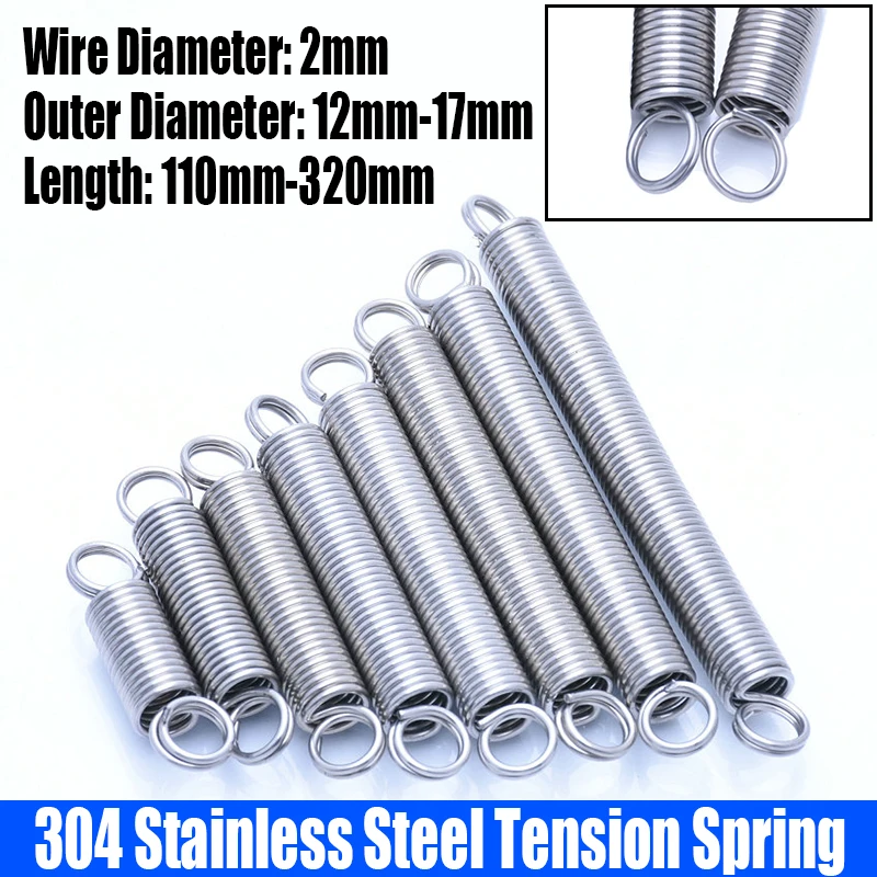 

1PCS 2mm Wire Dia 304 Stainless Steel O Ring Hook Extension Spring Tension Spring Coil Spring Dual Hook Spring L=110mm-320mm