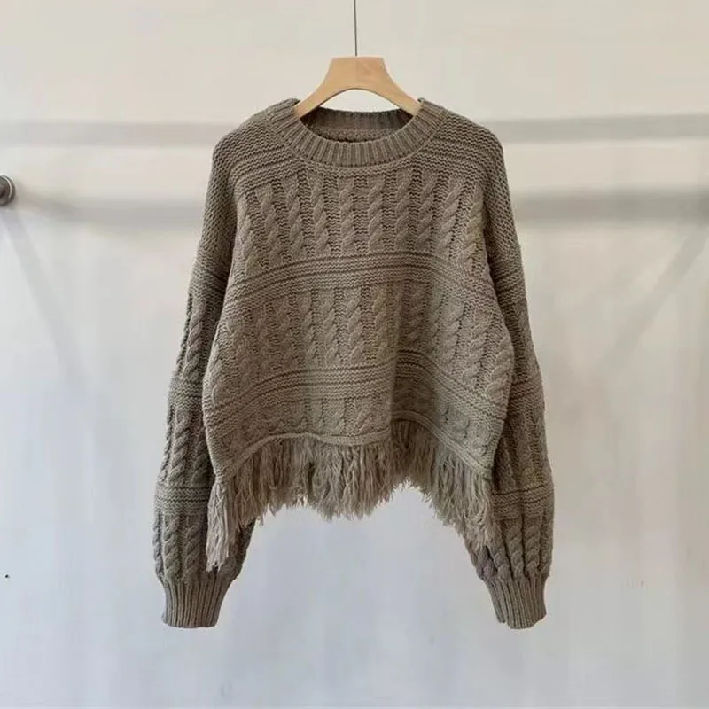 Suéter de punto con cuello redondo y borlas para mujer, suéter de punto con reducción de edad, estilo holgado coreano, novedad de otoño