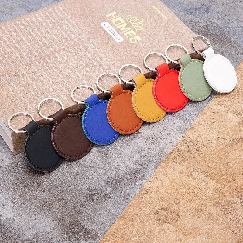 

New Retro Leather PU Round Keychain Bag Hanging Accessories Labels Silk Screen Printing and Color Logos