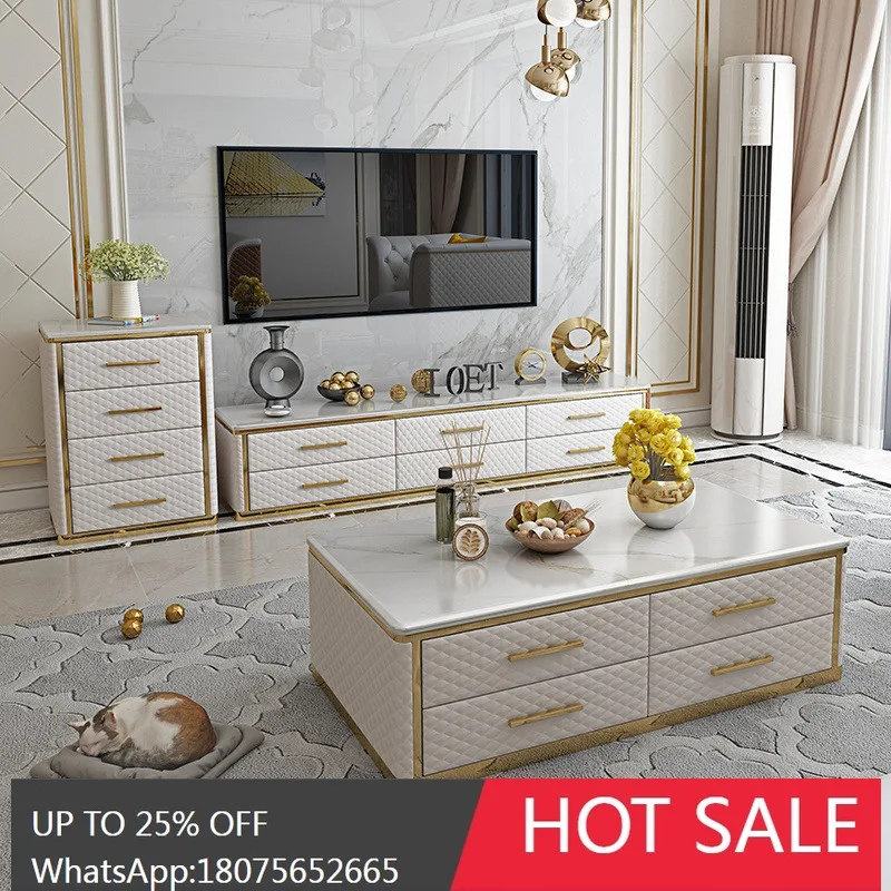 HLZ Mueble de TV de estilo lujoso y ligero posmoderno, juego de mesa de centro para sala de estar, mueble de TV minimalista italiano